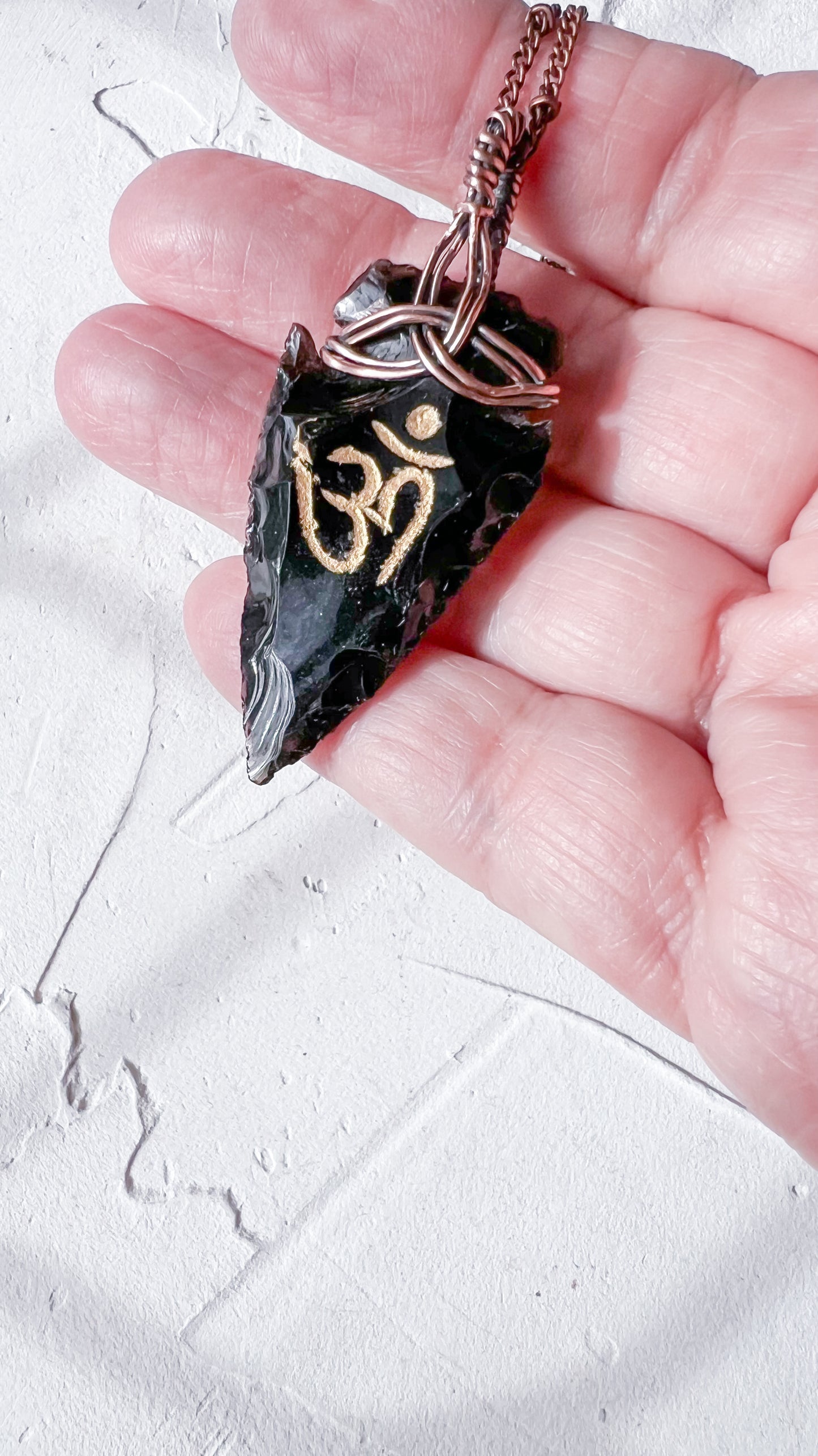 Black Obsidian Arrowhead Pendant with Copper Weave – Guanyin Collection - Copper Jewels