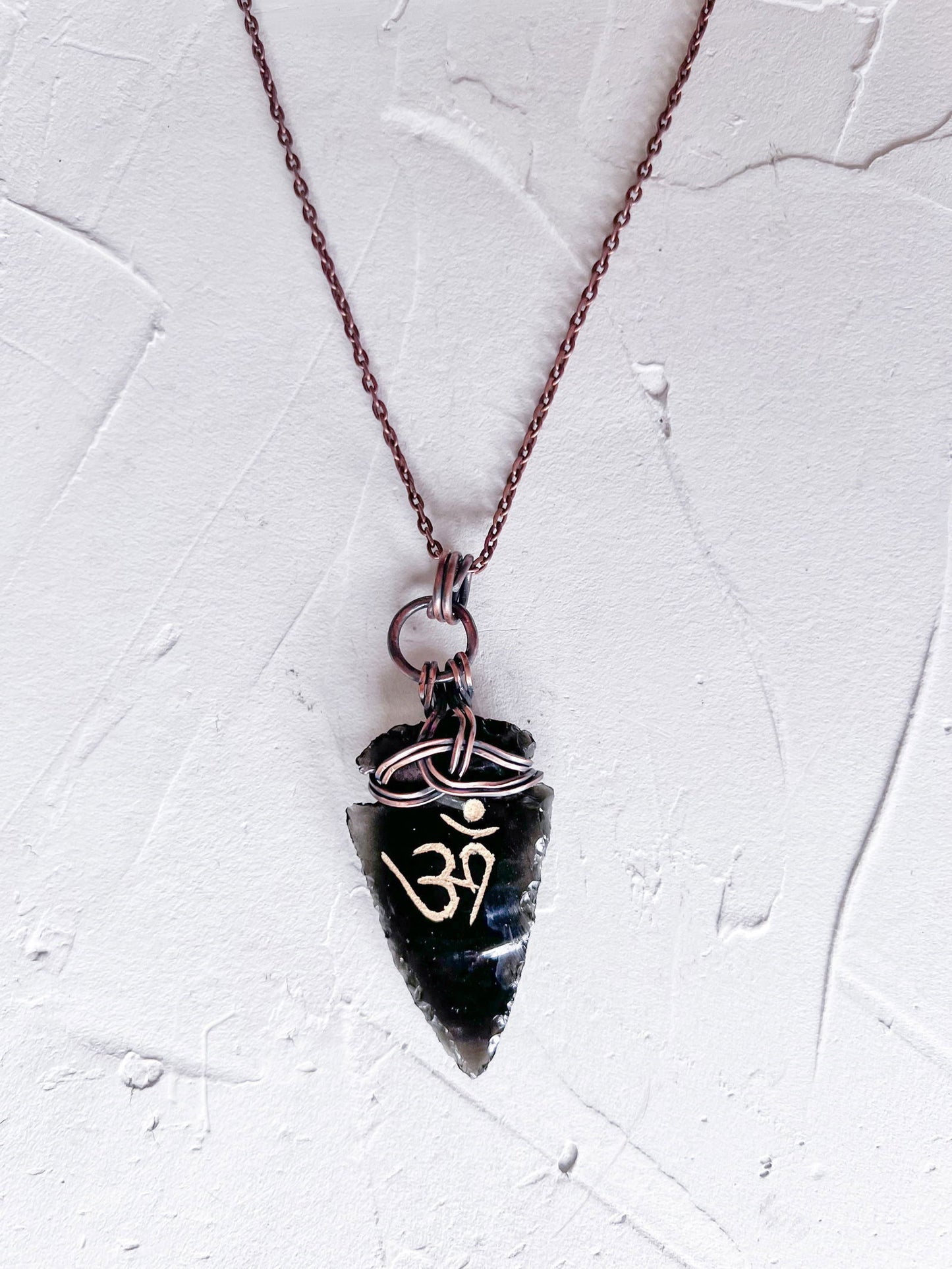 Black Obsidian Arrowhead with Celtic Knot and Om Symbol - Copper Jewels