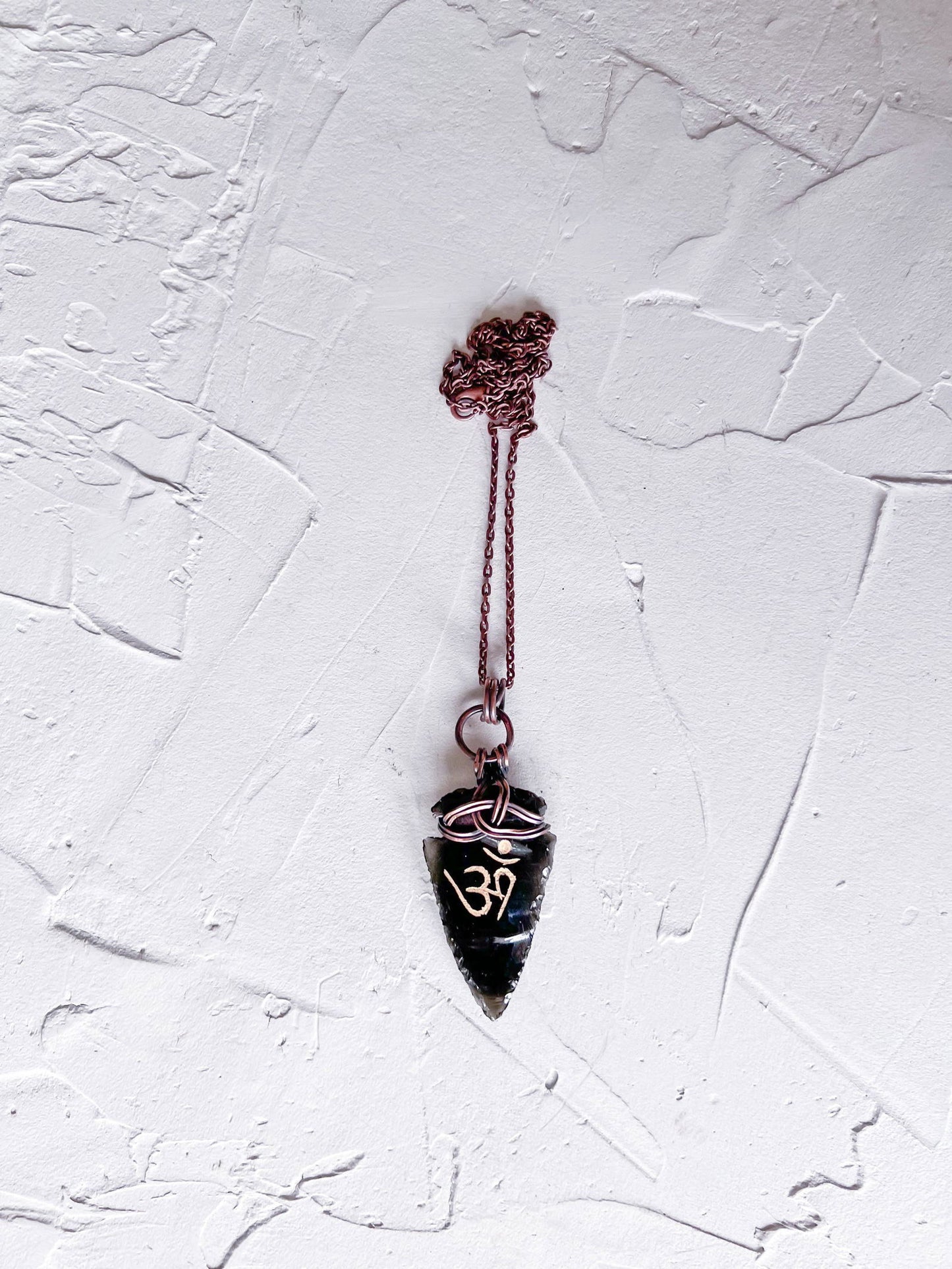 Black Obsidian Arrowhead with Celtic Knot and Om Symbol - Copper Jewels