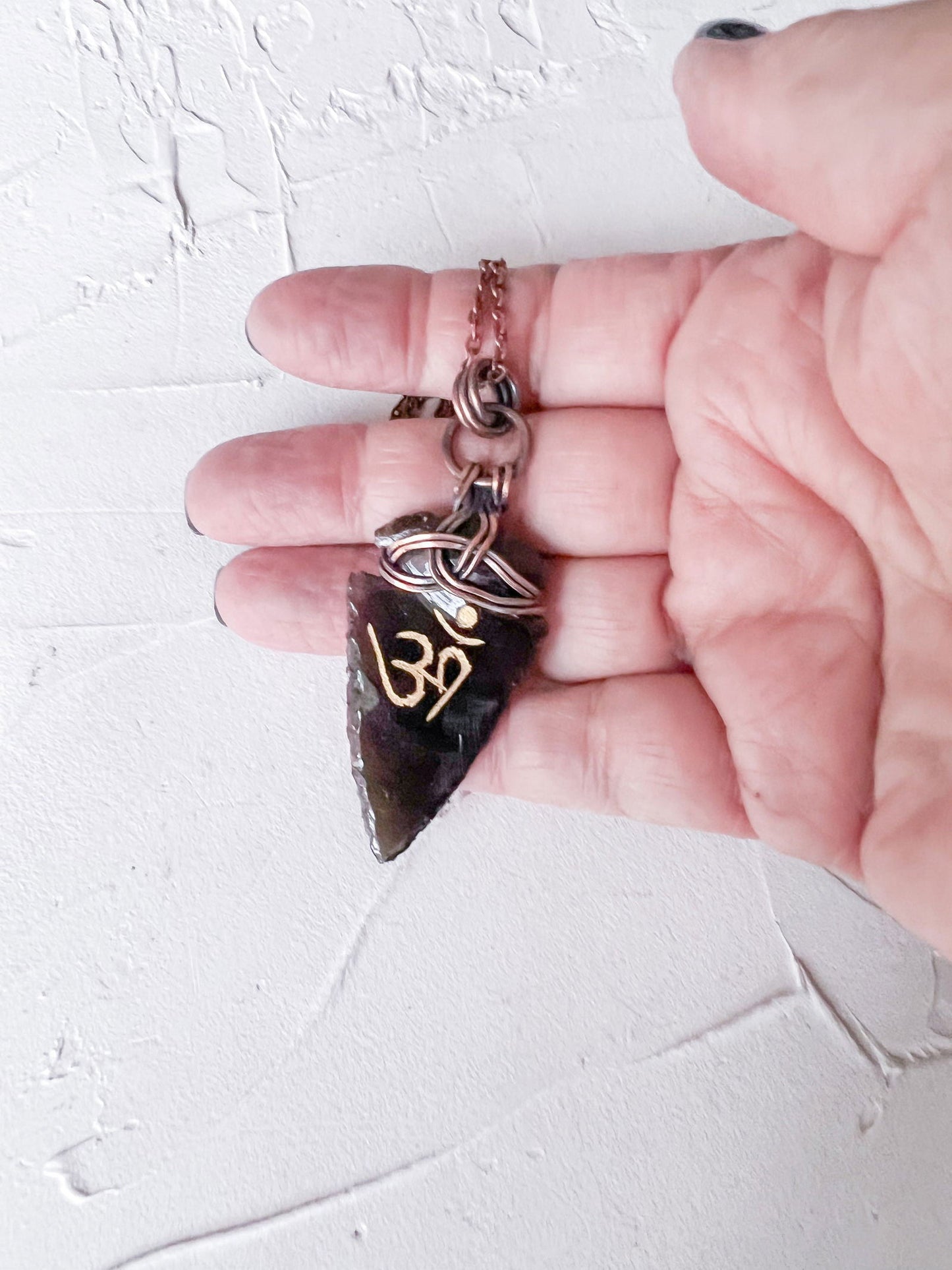 Black Obsidian Arrowhead with Celtic Knot and Om Symbol - Copper Jewels