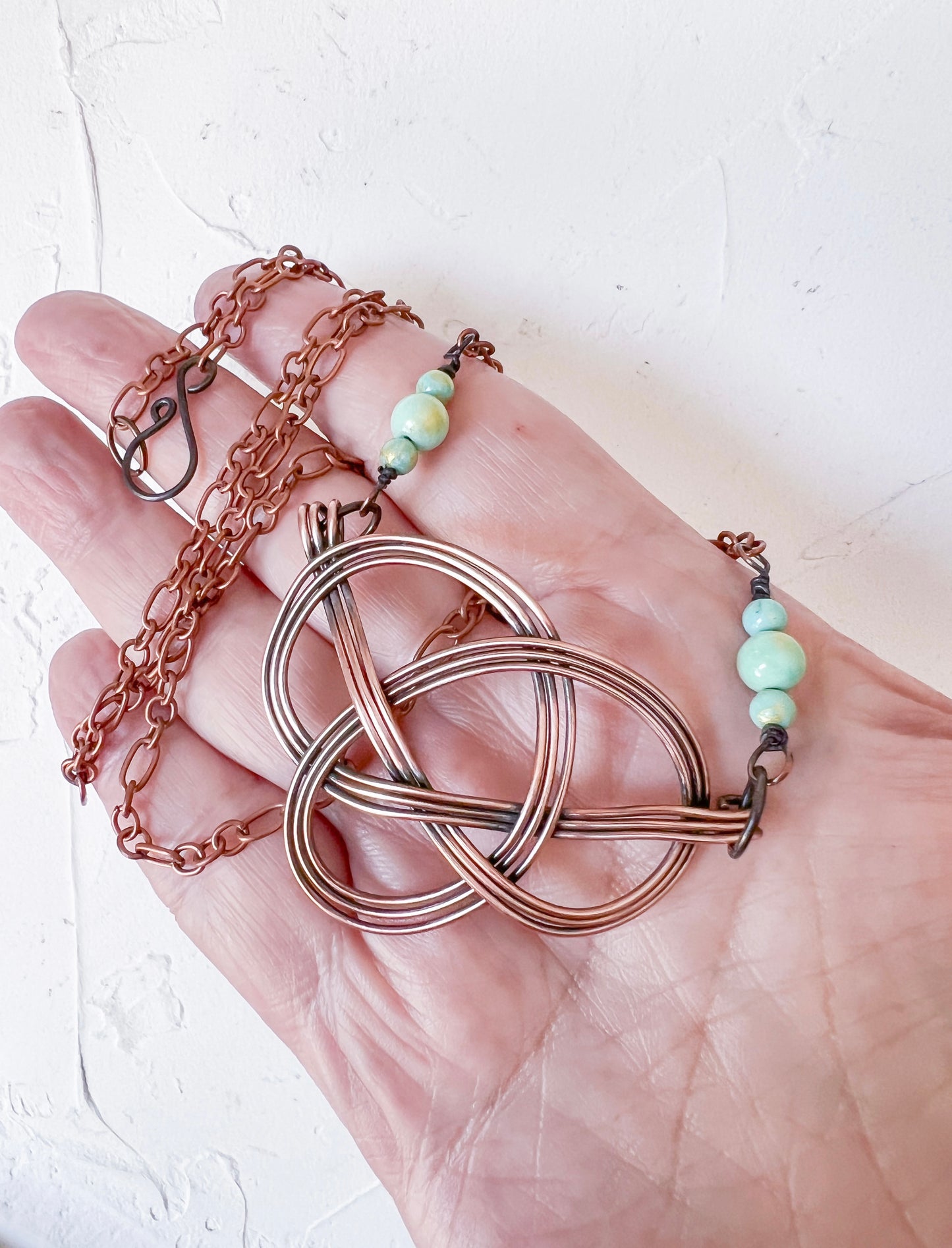 Celtic Knot in Copper with Jade Accent Beads