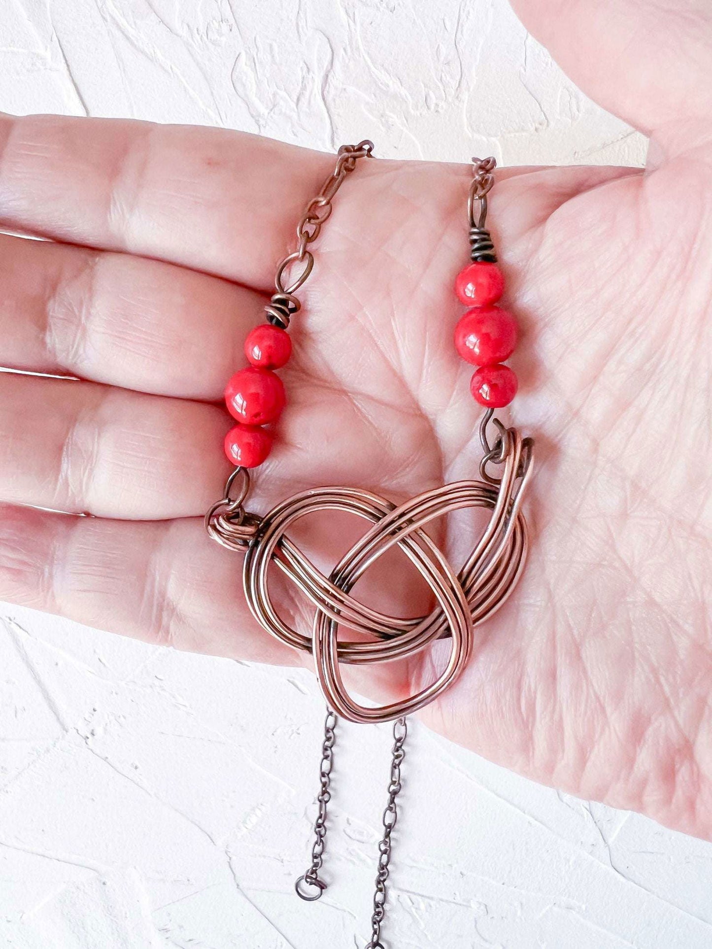 Celtic Knot in Copper with Red Jade Accent Beads - Copper Jewels
