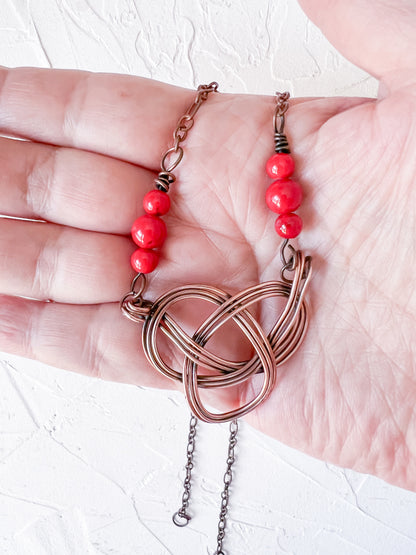 Celtic Knot in Copper with Red Jade Accent Beads