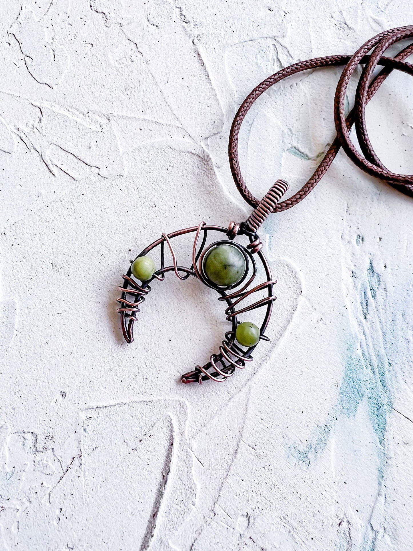 Connemara Marble Crescent Moon Rustic Boho Pendant - Copper Jewels