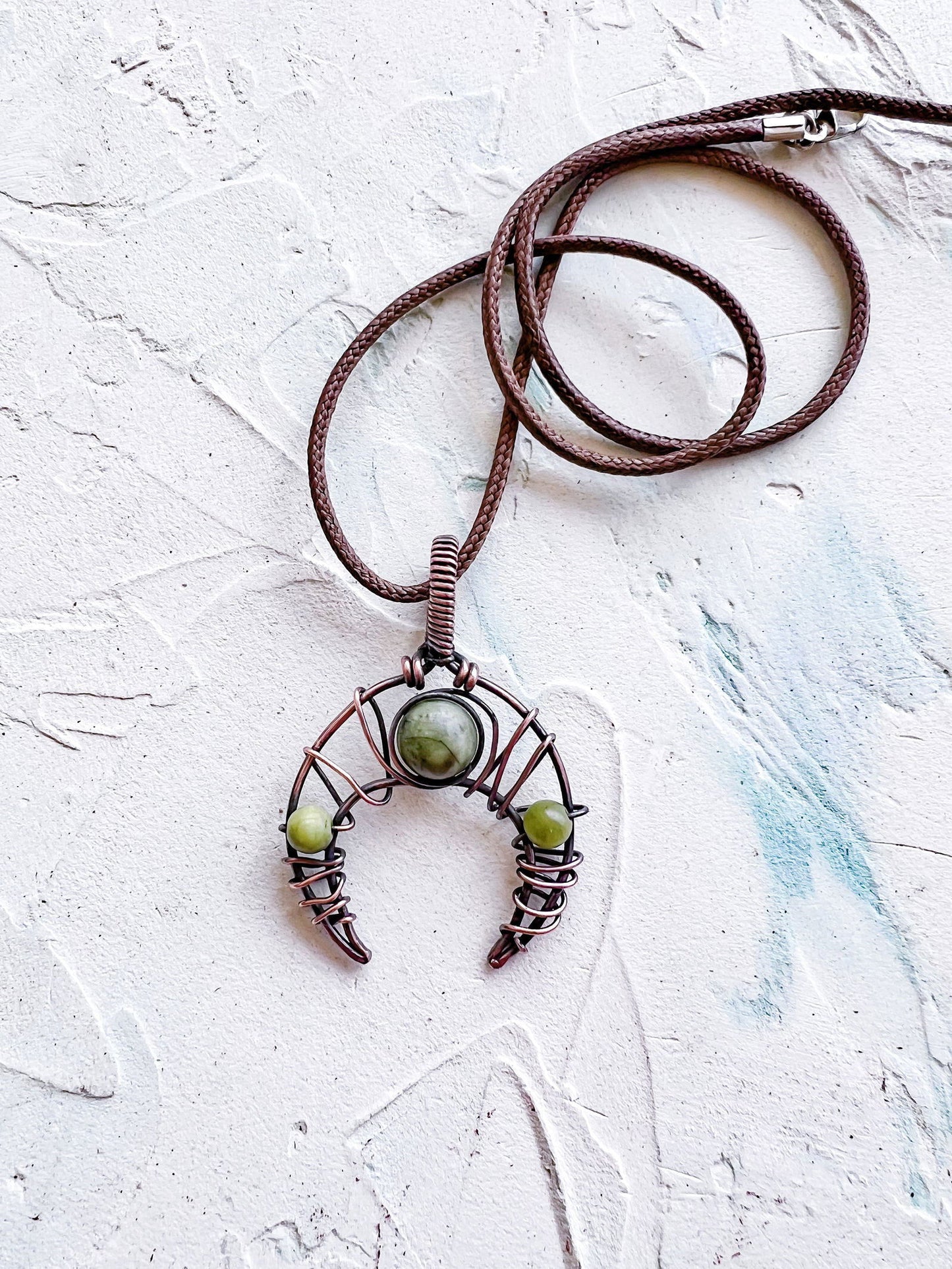 Connemara Marble Crescent Moon Rustic Boho Pendant - Copper Jewels