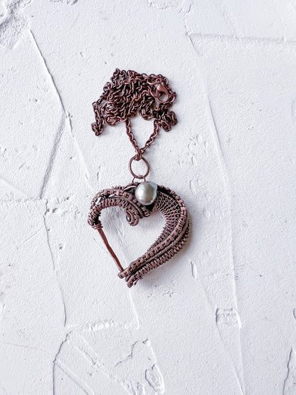 Copper Wire Woven Heart with Pearl Pendant Hand Made