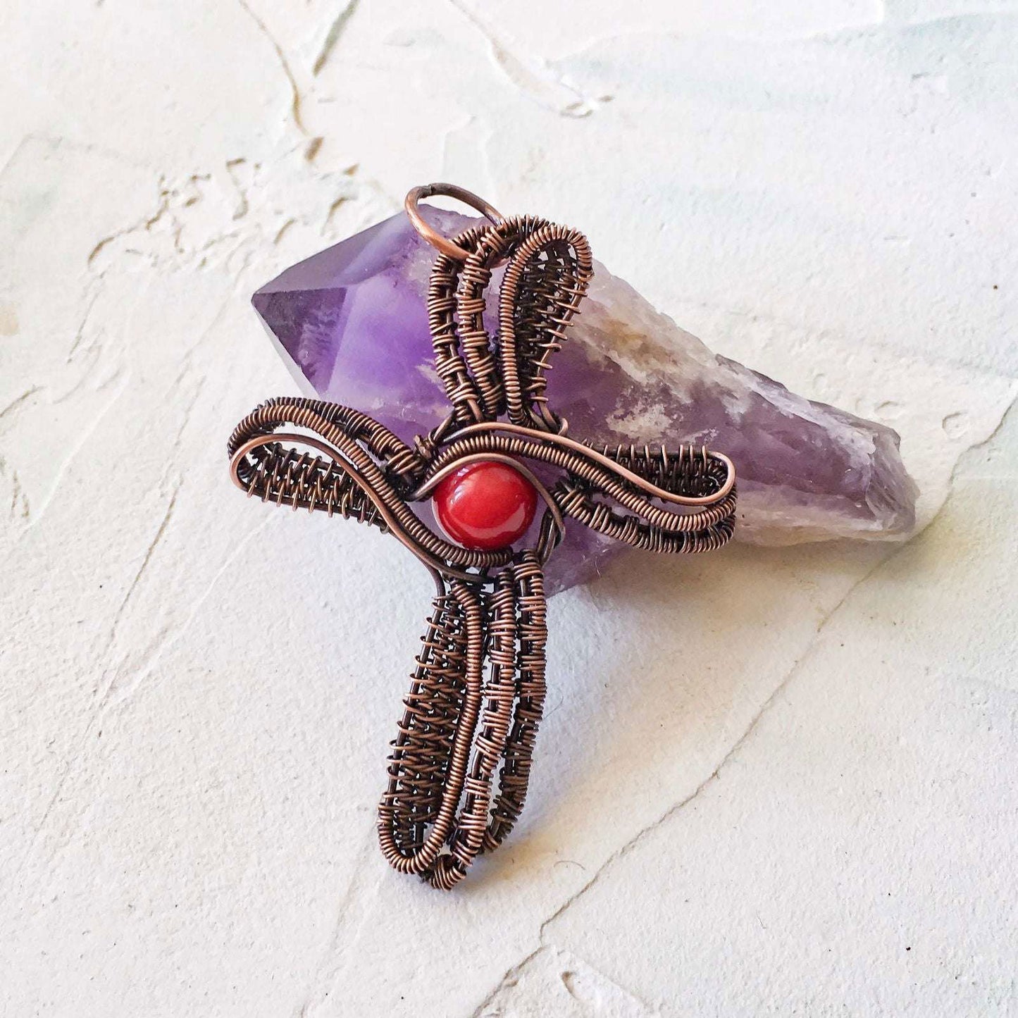 Copper Wire Woven Cross with Mashan Jade Bead Pendant - Copper Jewels