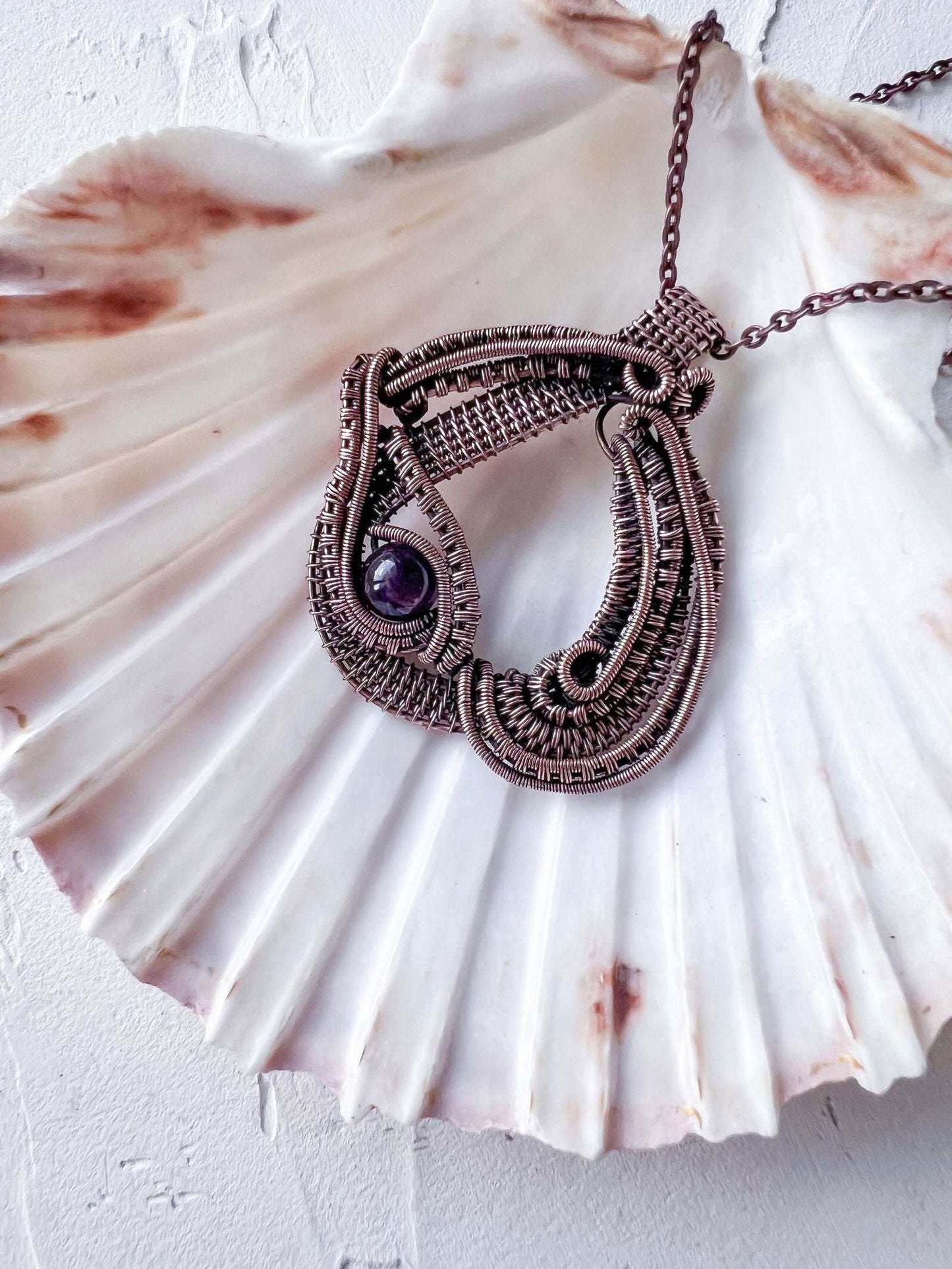 Copper Wire Woven Egyptian Style Pendant with Amethyst Bead - Copper Jewels