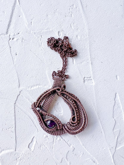 Copper Wire Woven Egyptian Style Pendant with Amethyst Bead