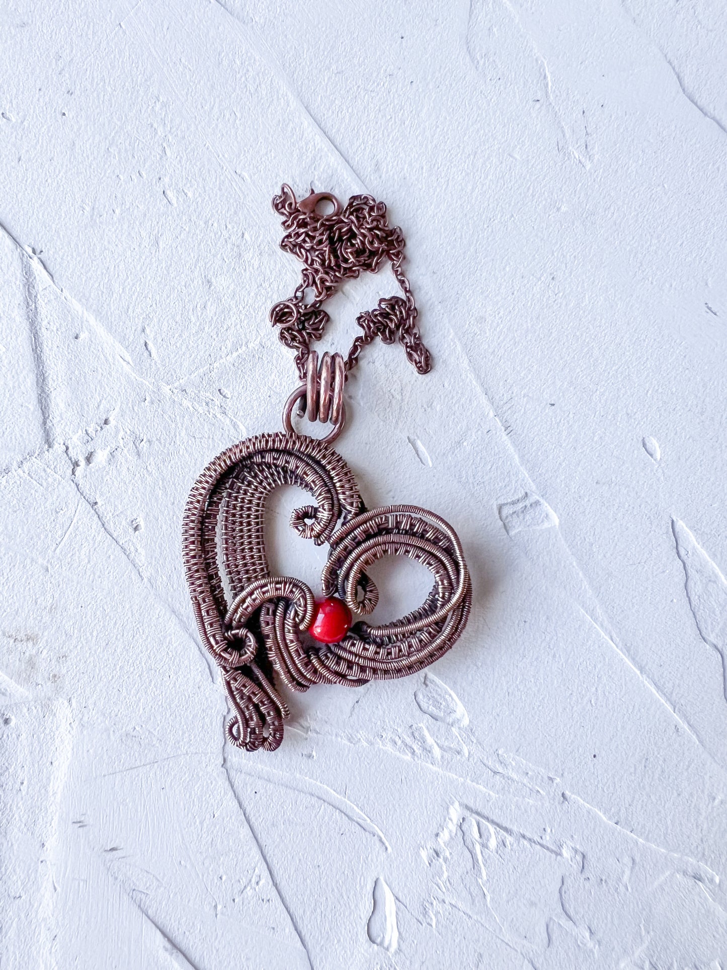 Copper Wire Woven Heart Pendant with Red Jade Bead