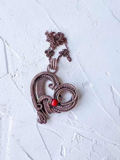 Copper Wire Woven Heart Pendant with Red Jade Bead