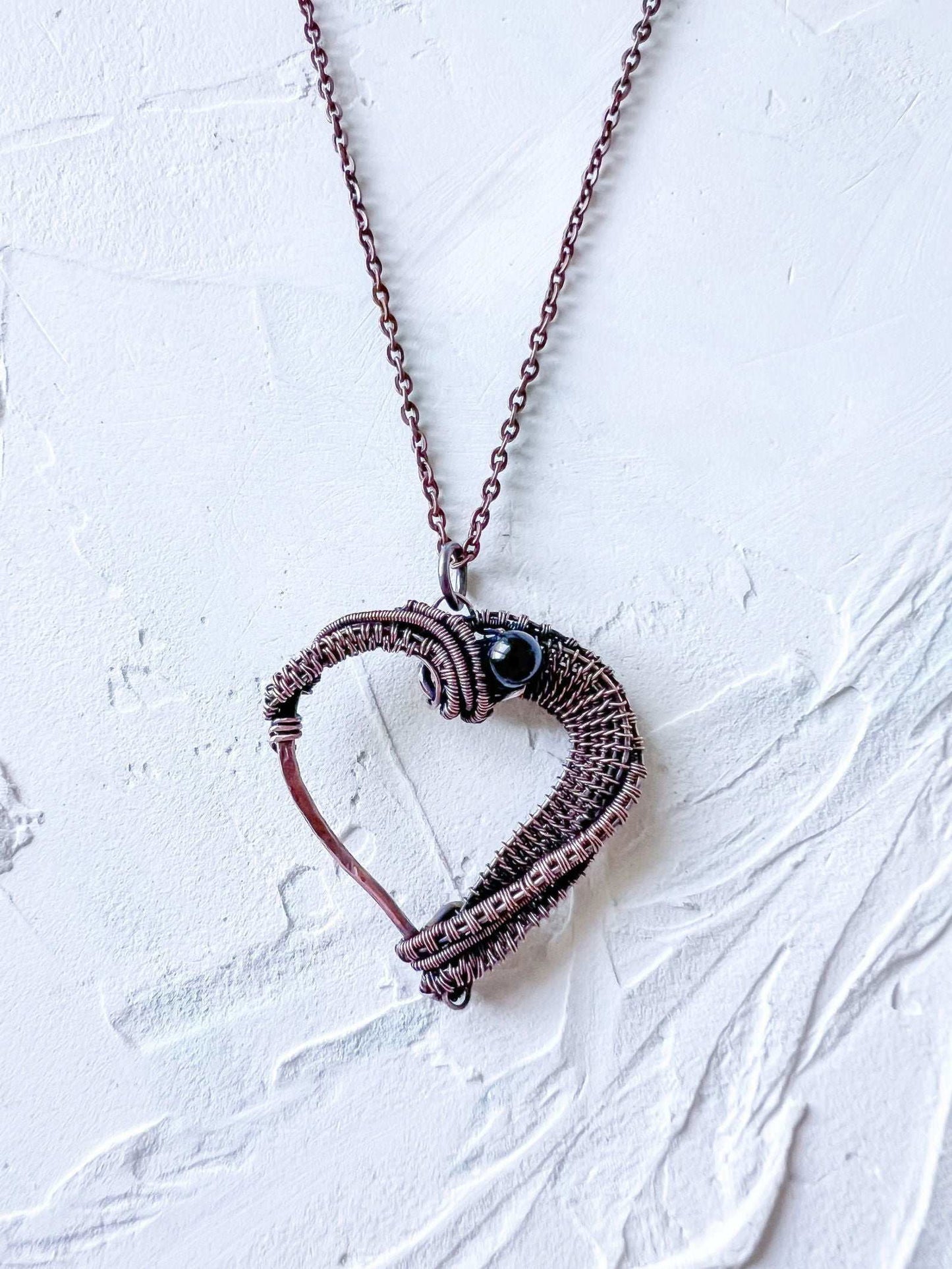 Copper Wire Woven Heart with Black Tourmaline Pendant Hand Made - Copper Jewels