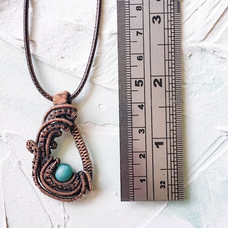 Copper Wire Woven Pendant Hand Made with a howlite turquoise bead - Copper Jewels