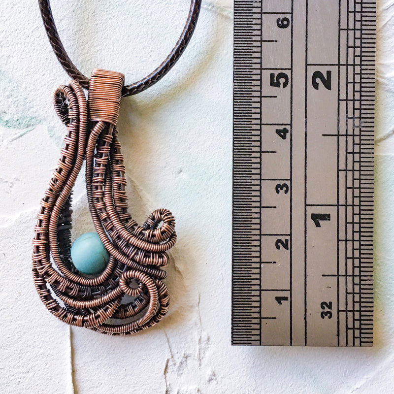 Copper Wire Woven Pendant Hand Made with a turquoise bead - Copper Jewels