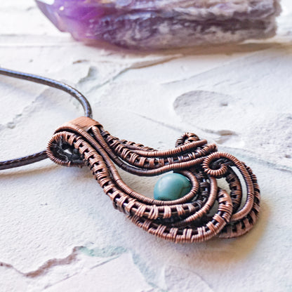 Copper Wire Woven Pendant Hand Made with a turquoise bead