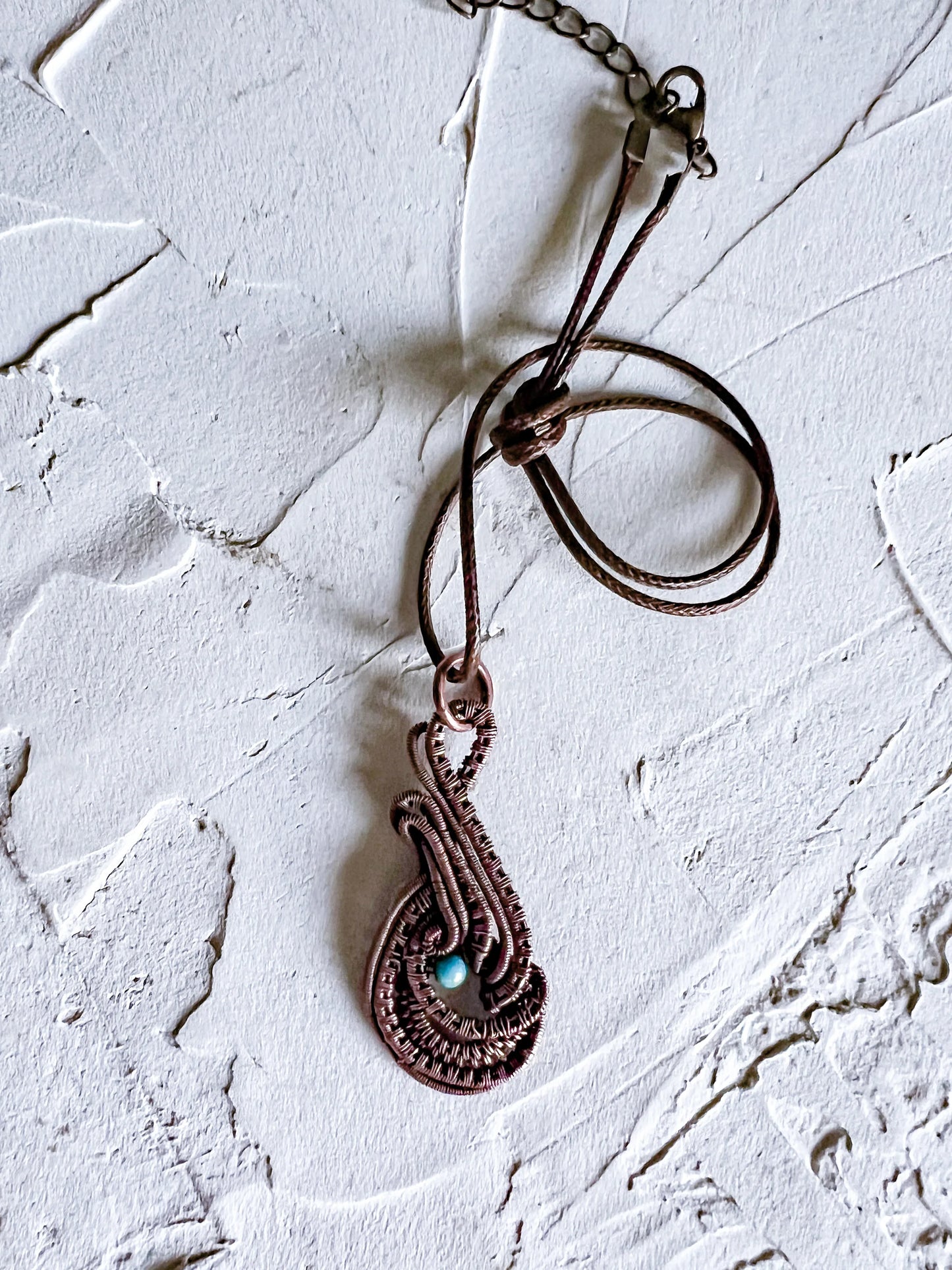 Copper Wire Woven Pendant with Jade Accent Bead