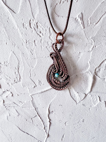 Copper Wire Woven Pendant with Jade Accent Bead