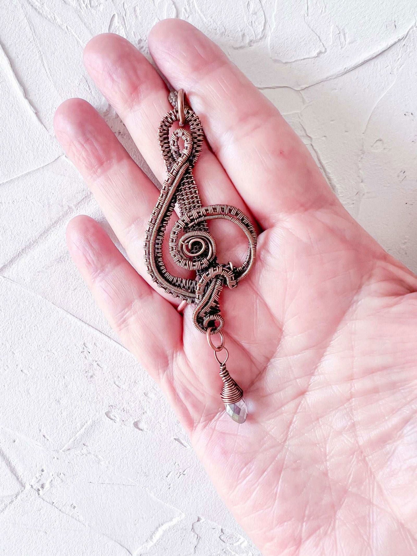 Copper Wire Woven Treble Clef with Crystal Bead - Copper Jewels