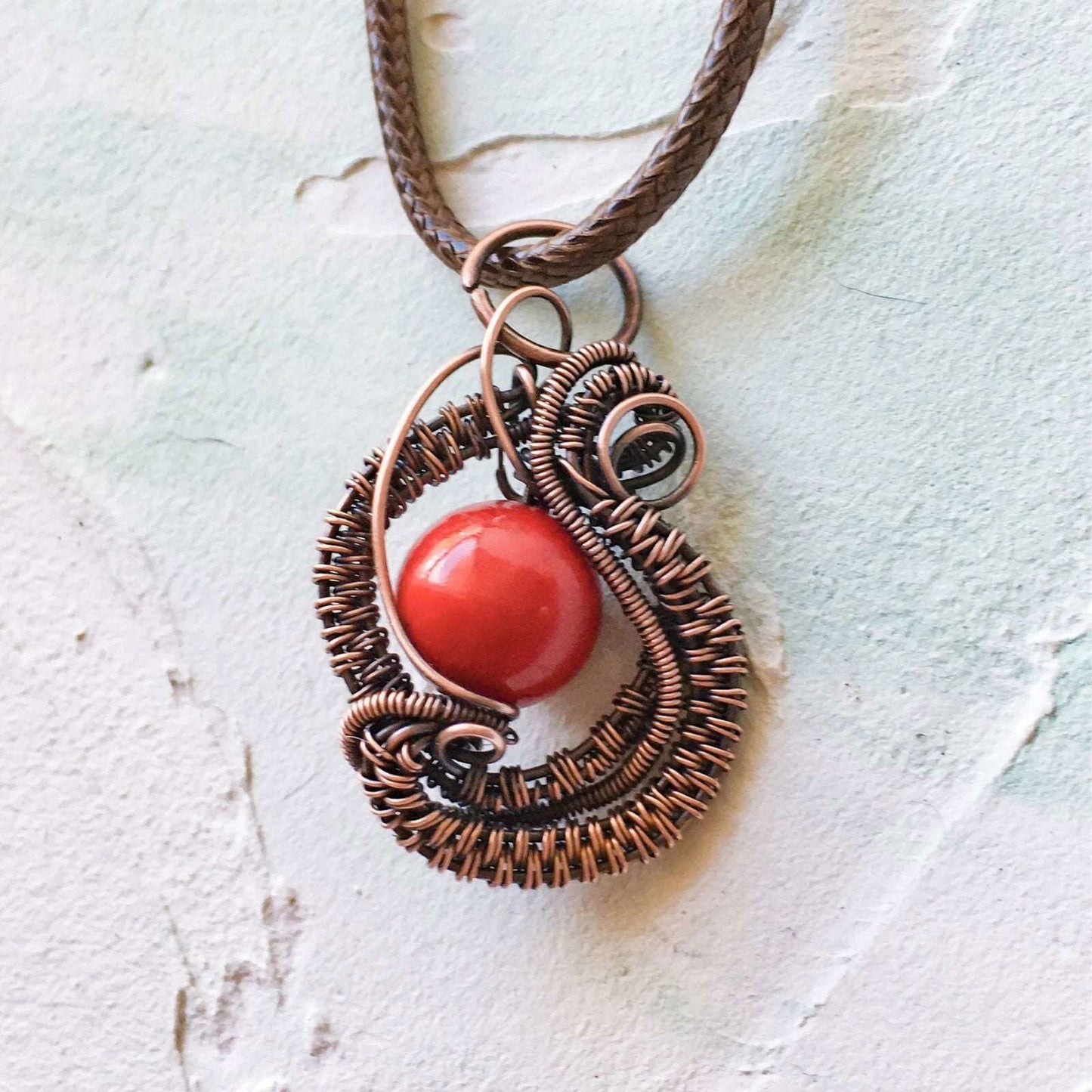 Copper Wire Woven and Mashan Jade Bead Pendant - Copper Jewels