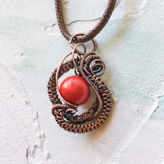 Copper Wire Woven and Mashan Jade Bead Pendant