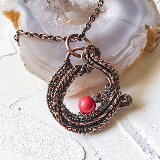 Copper Wire Woven and Red Mashan Jade Bead Pendant