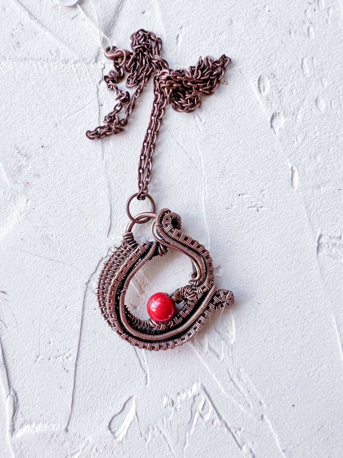 Copper Wire Woven and Red Mashan Jade Bead Pendant - Copper Jewels
