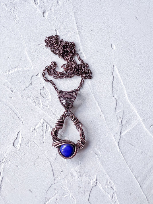 Copper Wire Woven and Wrapped Lapis Lazuli Pendant