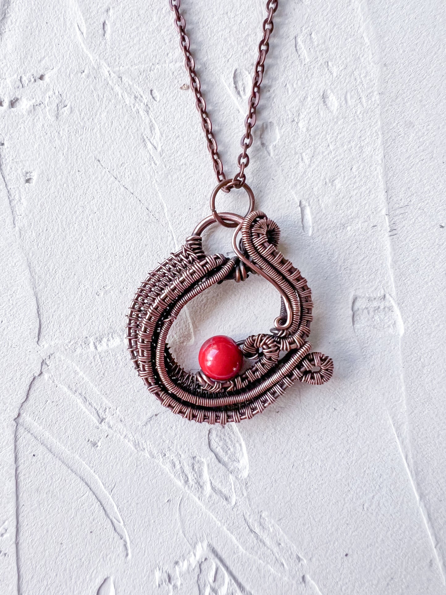 Copper Wire Woven and Red Mashan Jade Bead Pendant