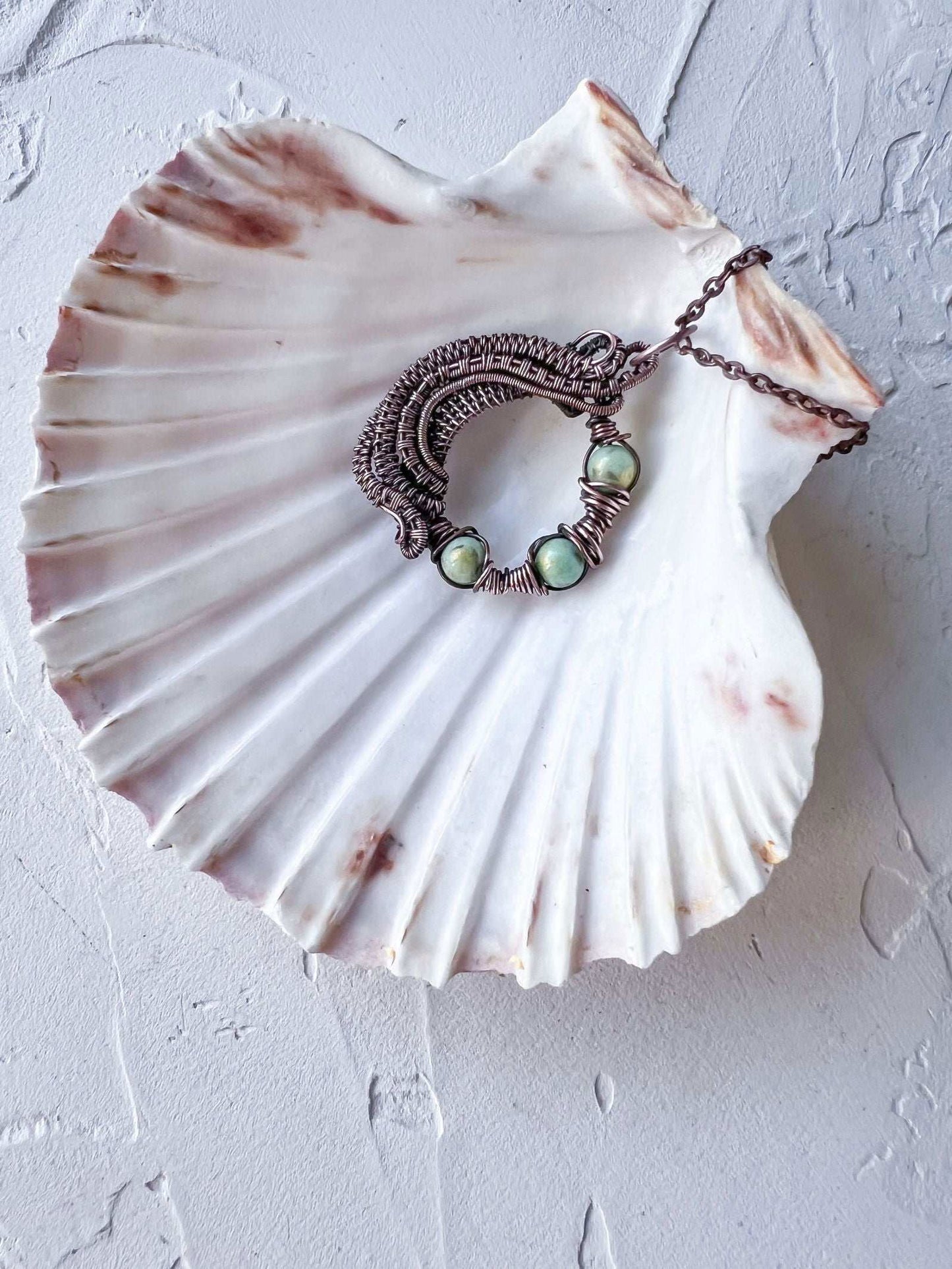 Copper Wire Woven with Mashan Jade Beads Pendant - Copper Jewels