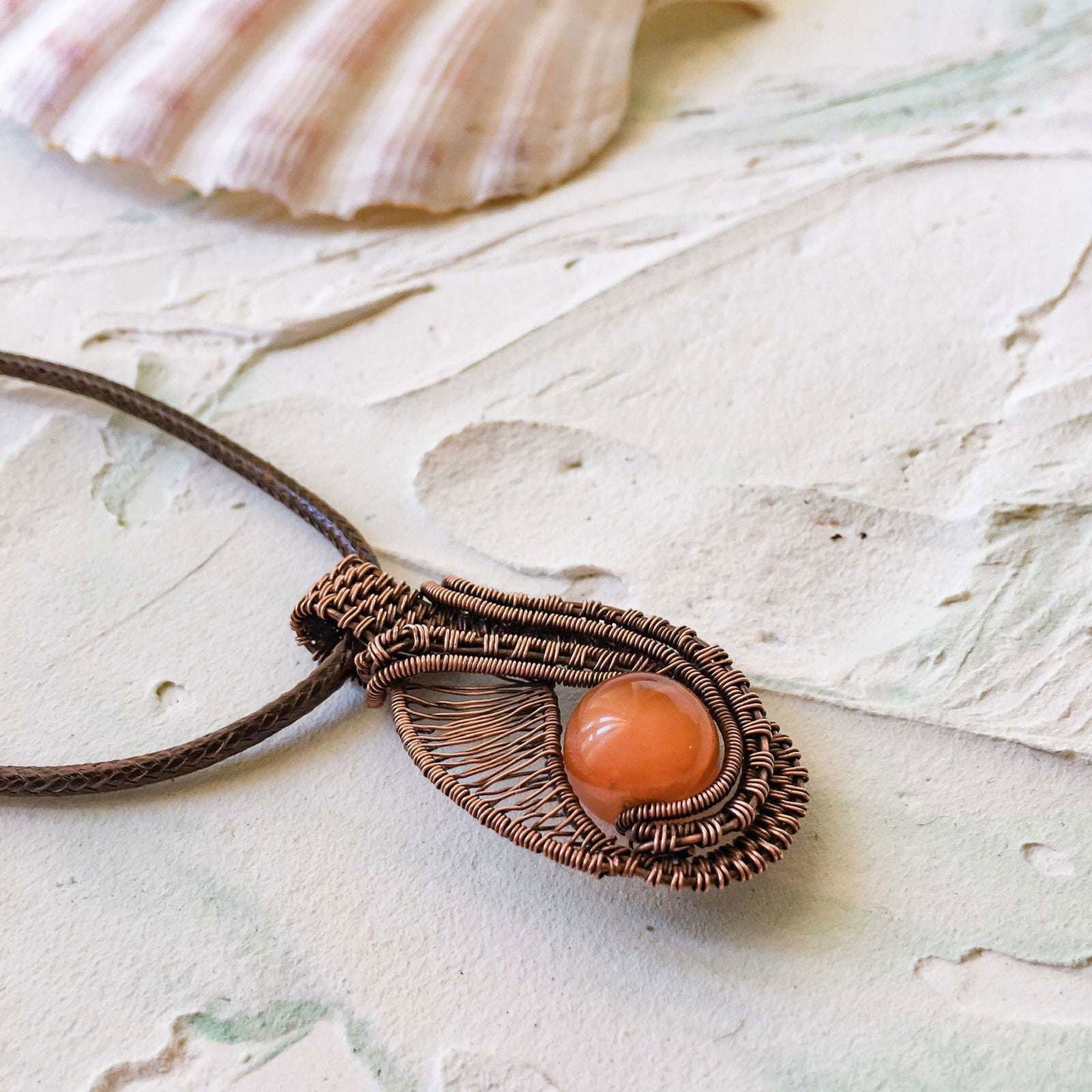 Copper Wire Woven with Vintage Bead Pendant Hand Made - Copper Jewels