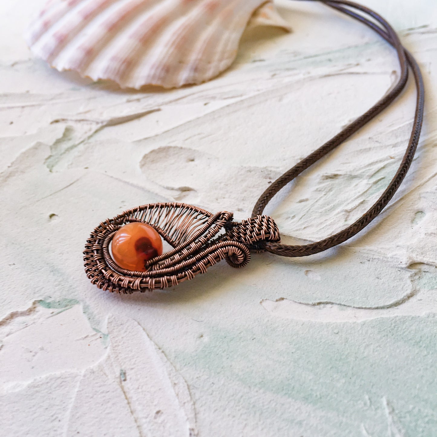 Copper Wire Woven with Vintage Bead Pendant Hand Made