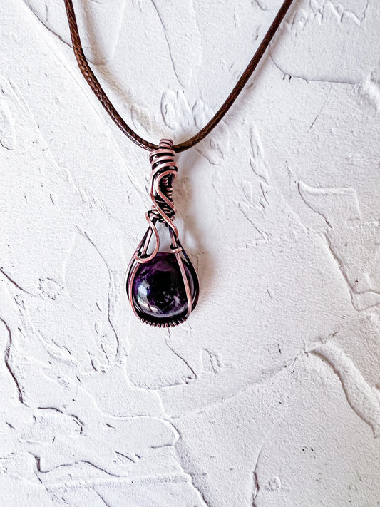 Copper Wire Wrapped Amethyst Cabochon Pendant
