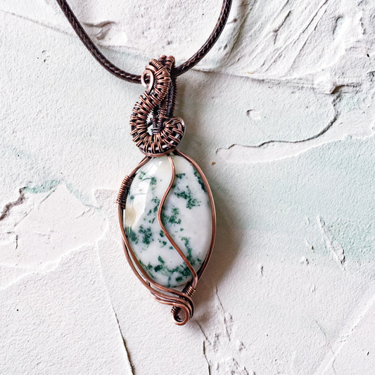Copper Wire Wrapped Green Tree Agate Pendant