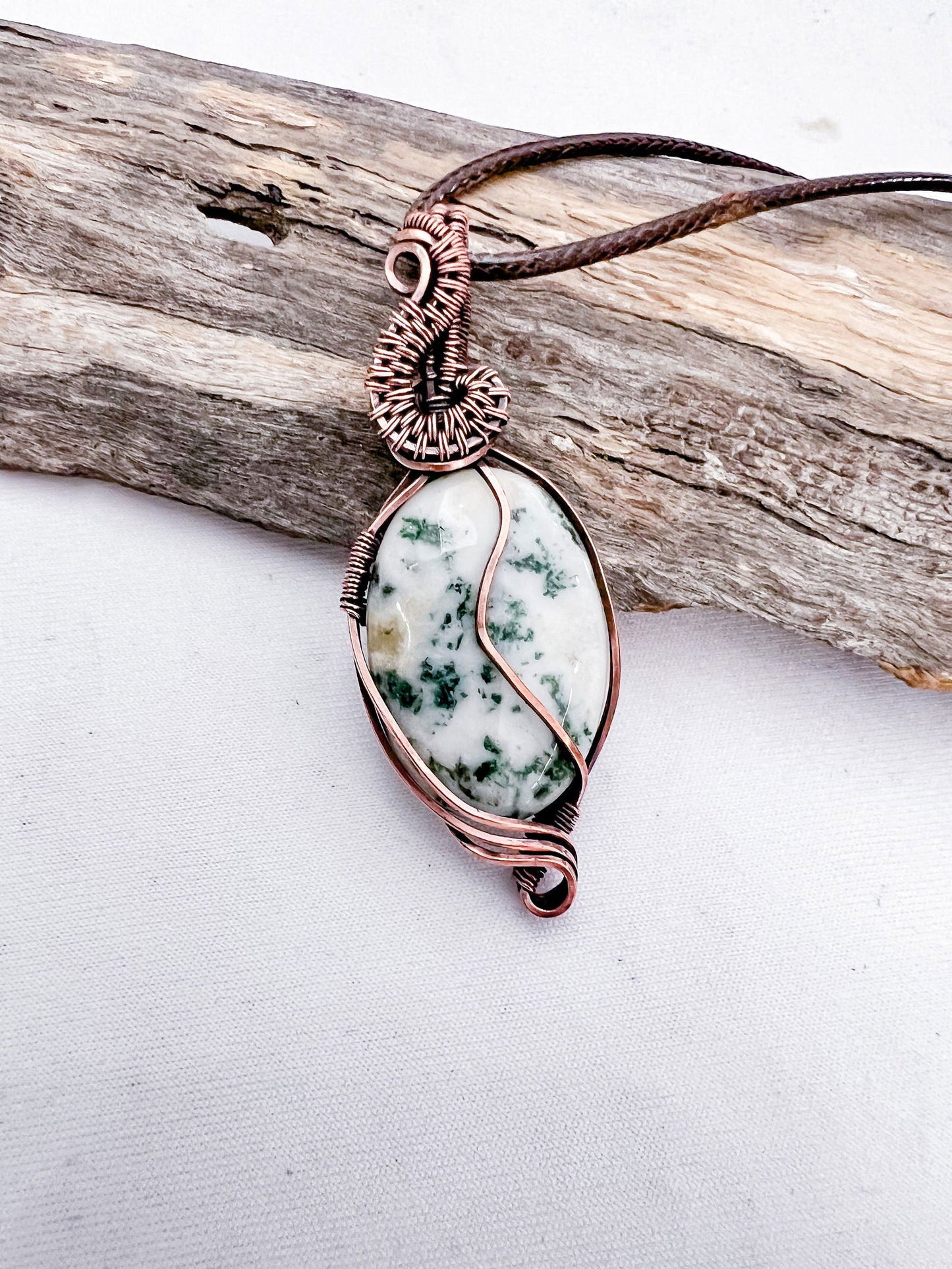 Copper Wire Wrapped Green Tree Agate Pendant - Copper Jewels