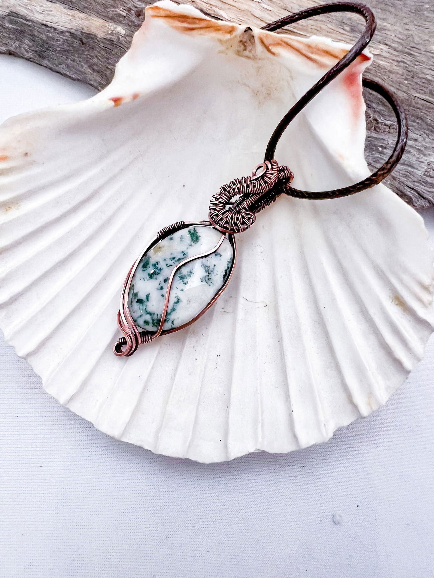 Copper Wire Wrapped Green Tree Agate Pendant - Copper Jewels