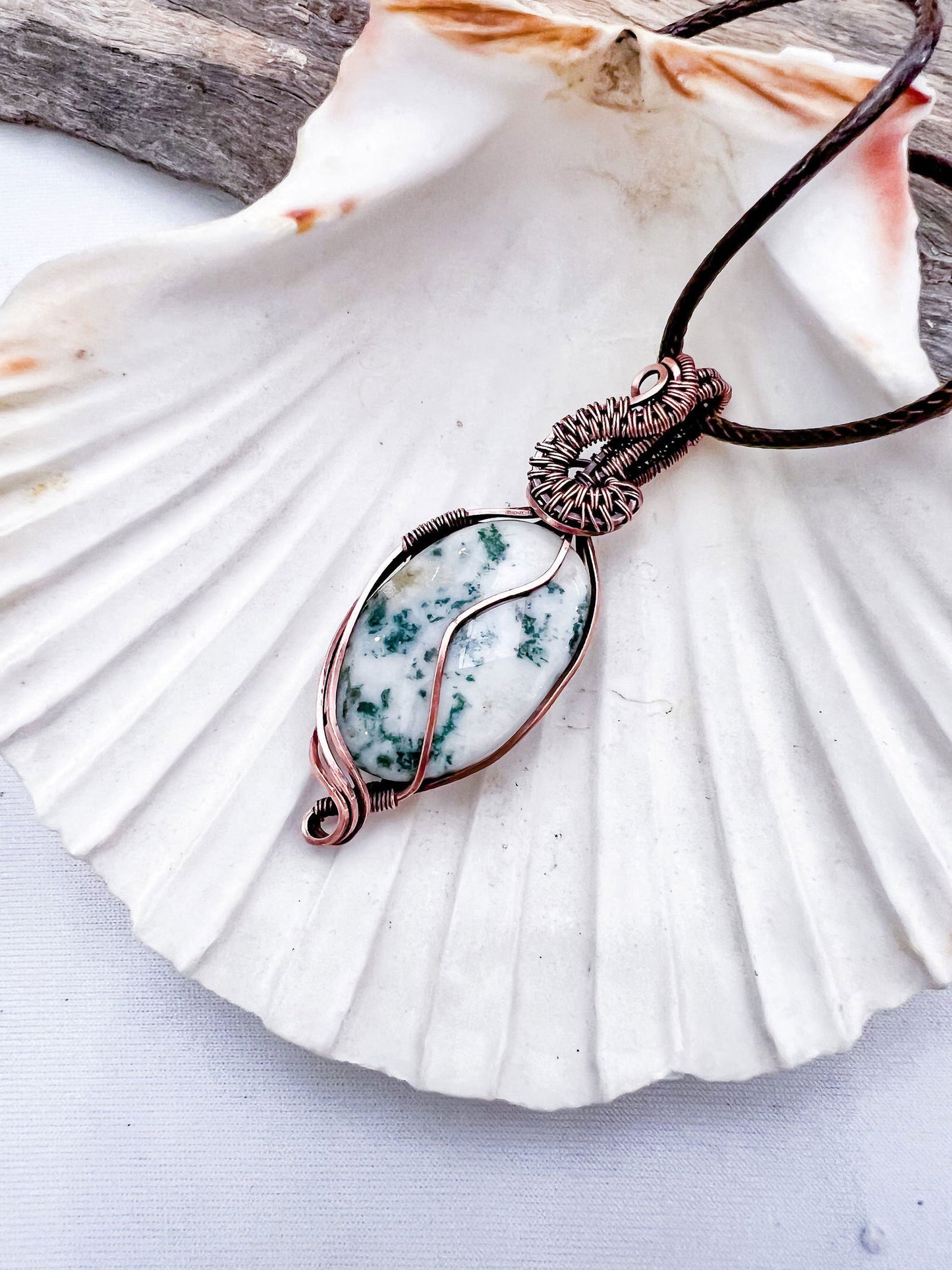 Copper Wire Wrapped Green Tree Agate Pendant - Copper Jewels