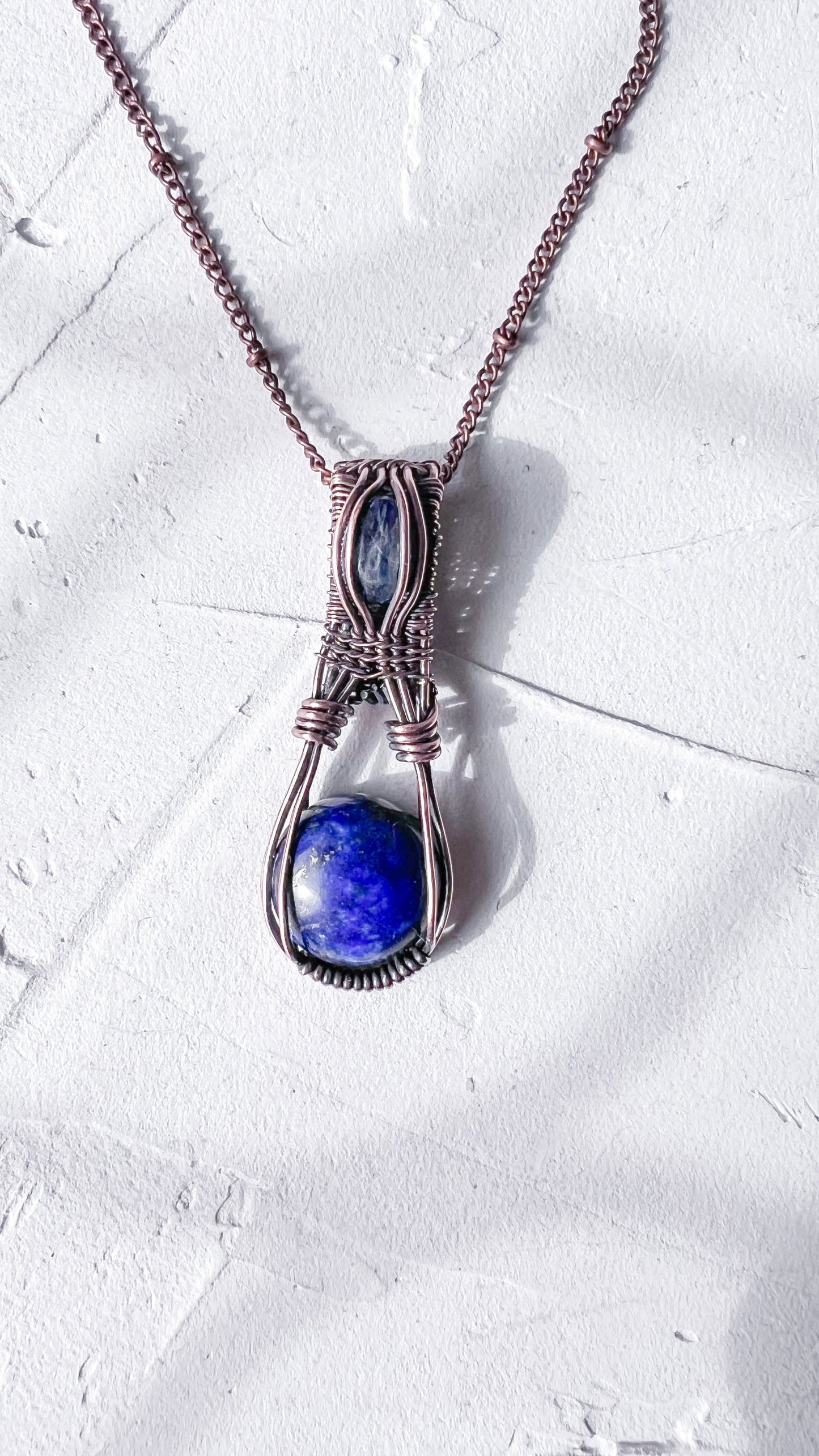 Copper Wire Wrapped Pendant with Lapis Lazuli and Kyanite - Copper Jewels