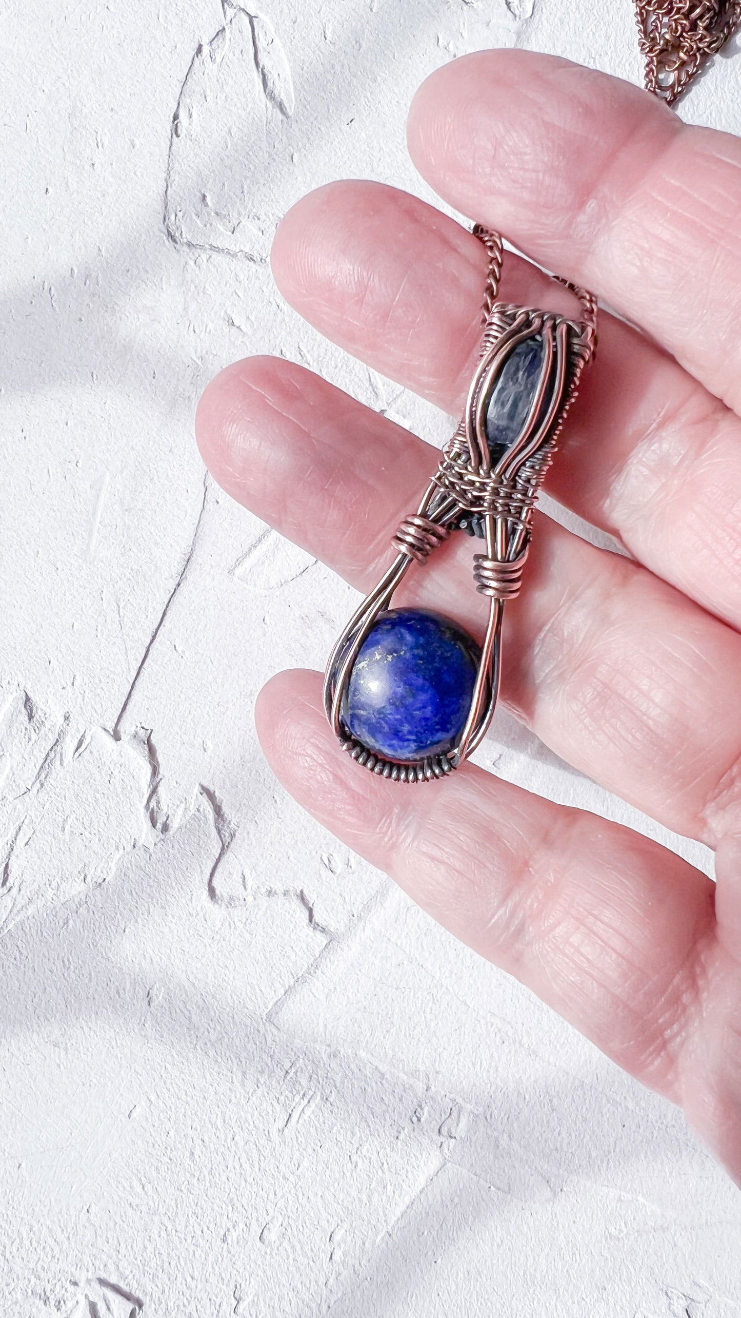 Copper Wire Wrapped Pendant with Lapis Lazuli and Kyanite - Copper Jewels
