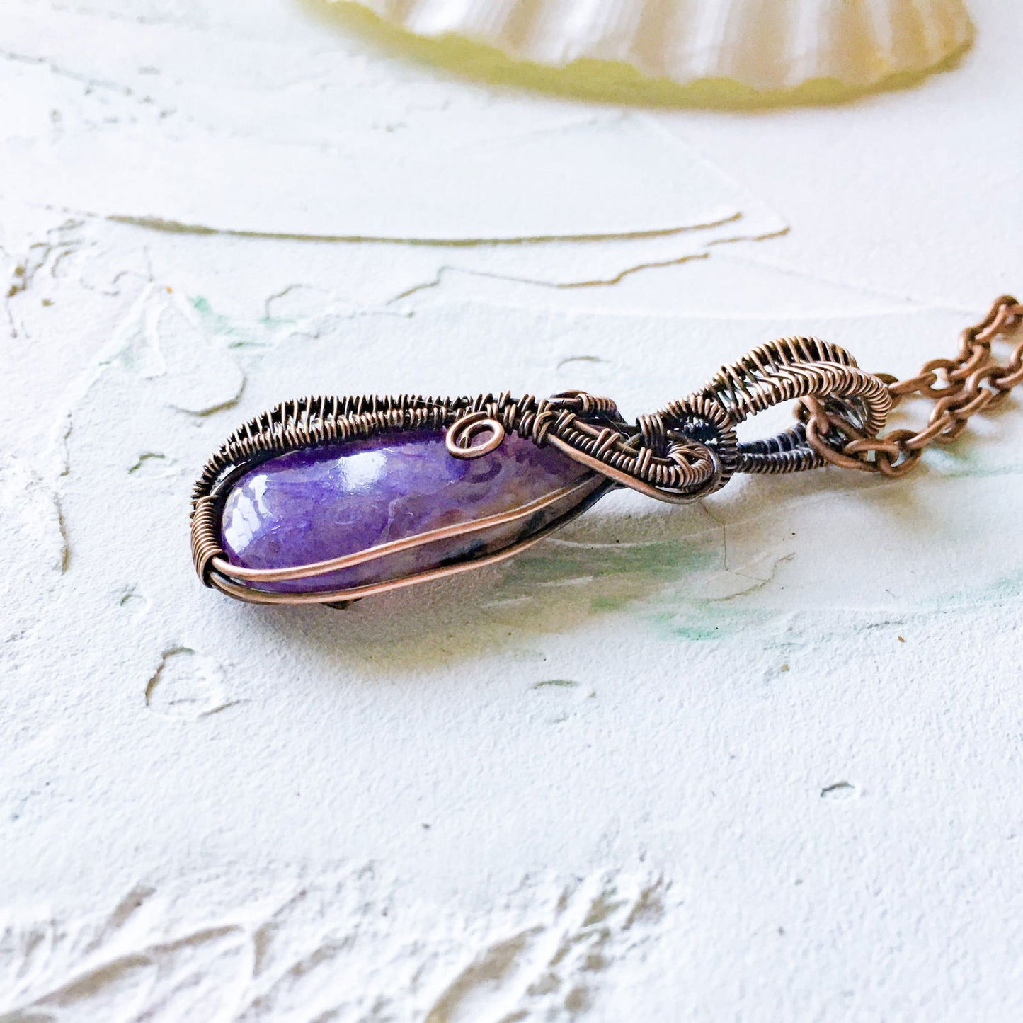 Copper Wire Wrapped Purple Charoite Pendant - Copper Jewels