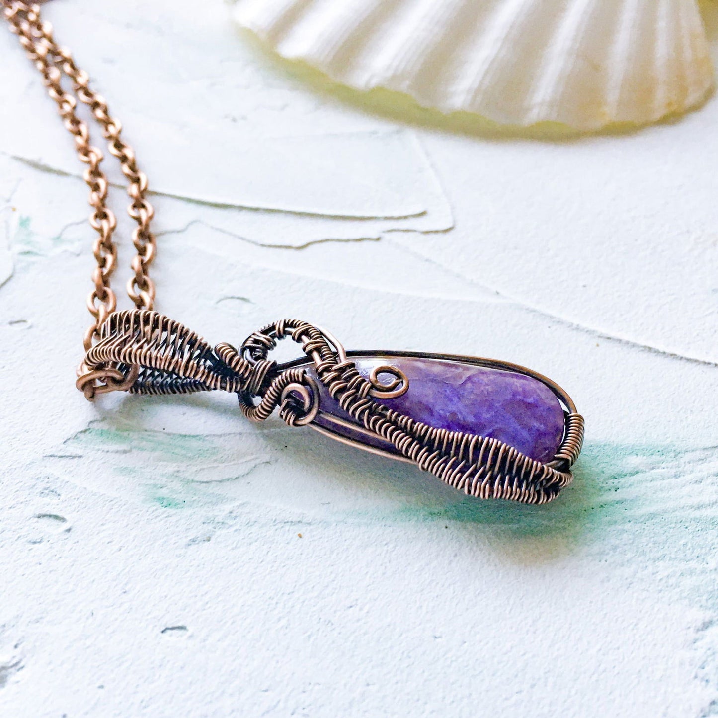 Copper Wire Wrapped Purple Charoite Pendant - Copper Jewels
