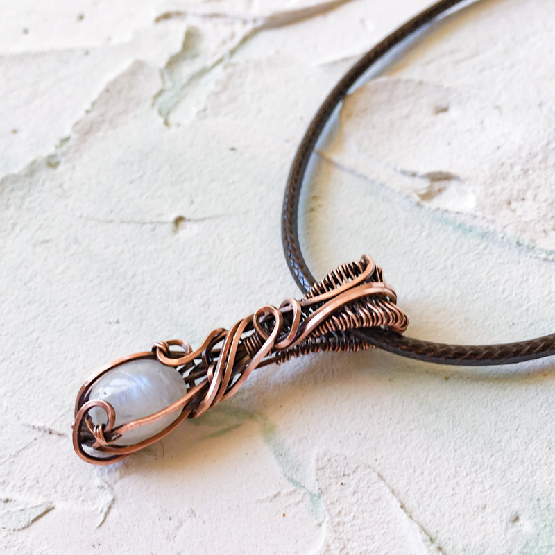 Copper Wire Wrapped Rainbow Moonstone Pendant