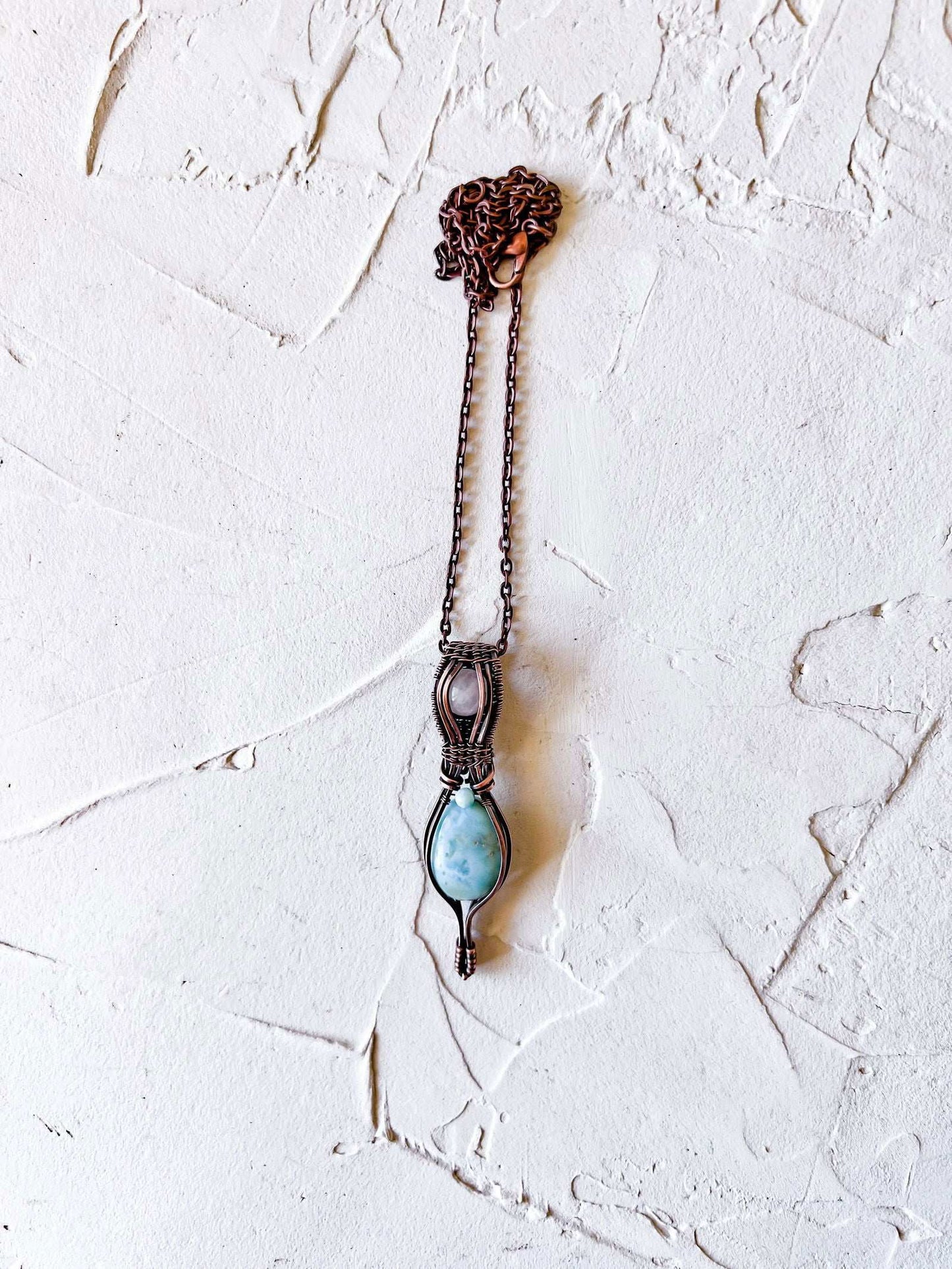 Exquisite Larimar and Rose Quartz copper wire pendant with larimar accent bead - Copper Jewels