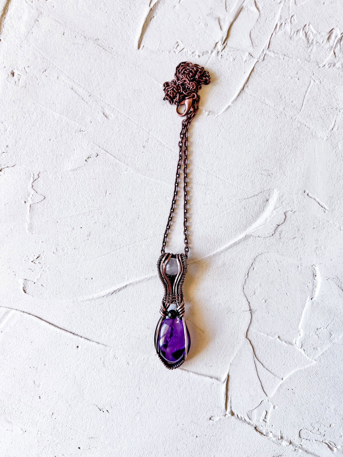 Gorgeous Amethyst and Rose Quartz copper wire pendant with Black Tourmaline accent bead - Copper Jewels