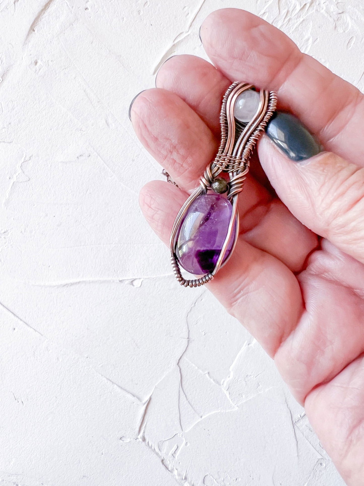 Gorgeous Amethyst and Rose Quartz copper wire pendant with Black Tourmaline accent bead - Copper Jewels