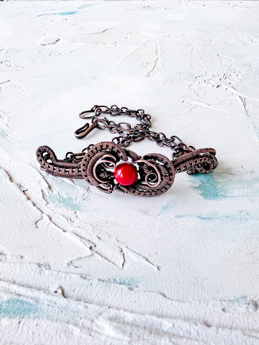Handmade Copper Wire Woven Bracelet with Jade Bead