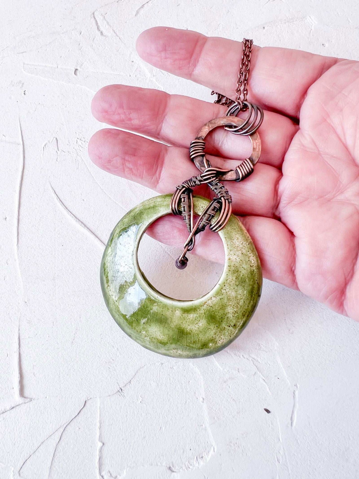 Handmade Green Glaze Ceramic and Copper Boho Pendant - Copper Jewels