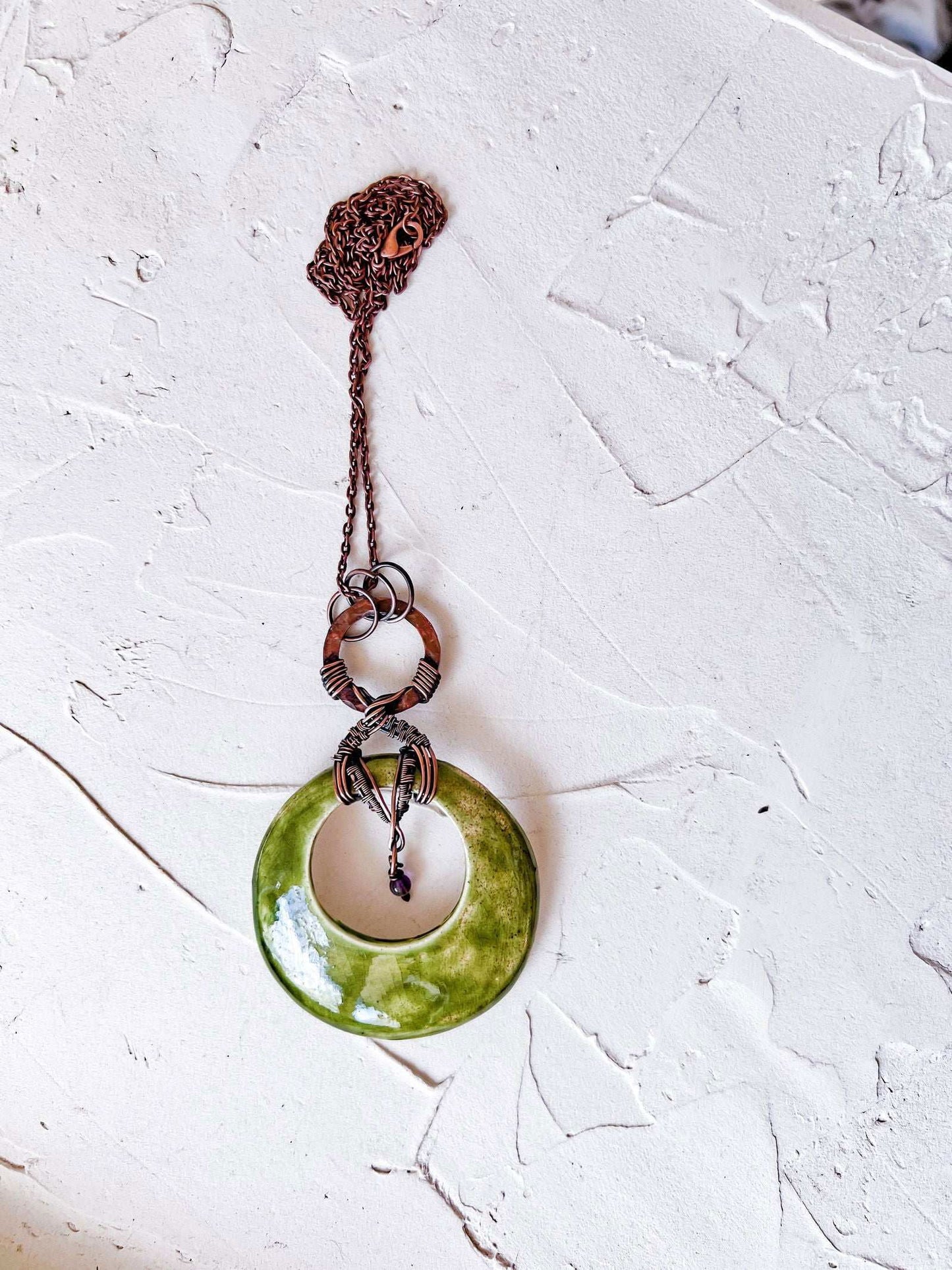 Handmade Green Glaze Ceramic and Copper Boho Pendant - Copper Jewels