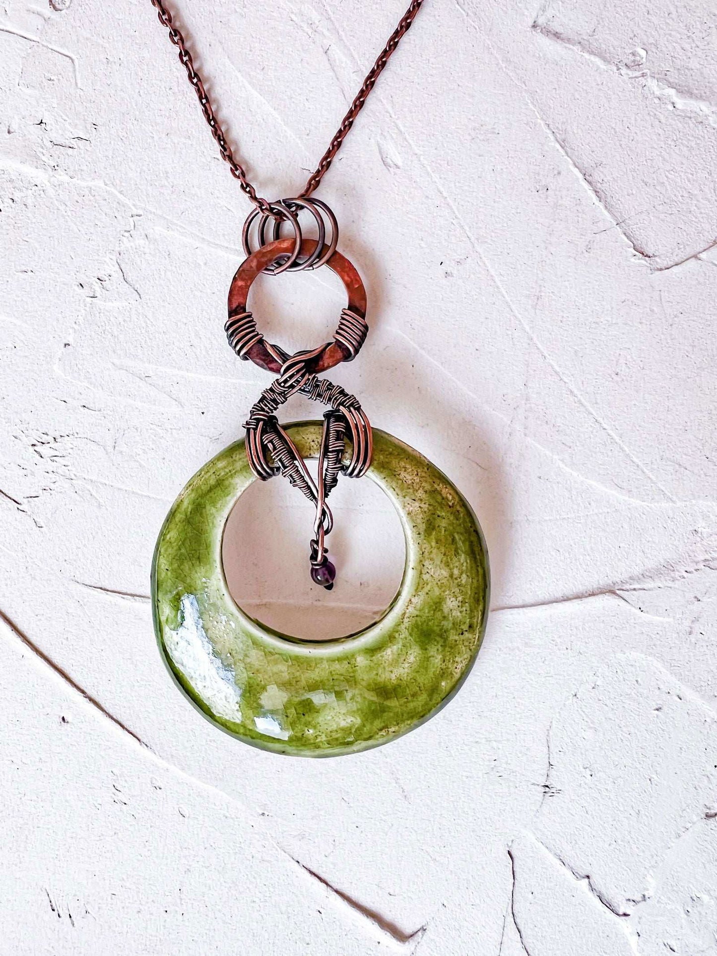Handmade Green Glaze Ceramic and Copper Boho Pendant - Copper Jewels