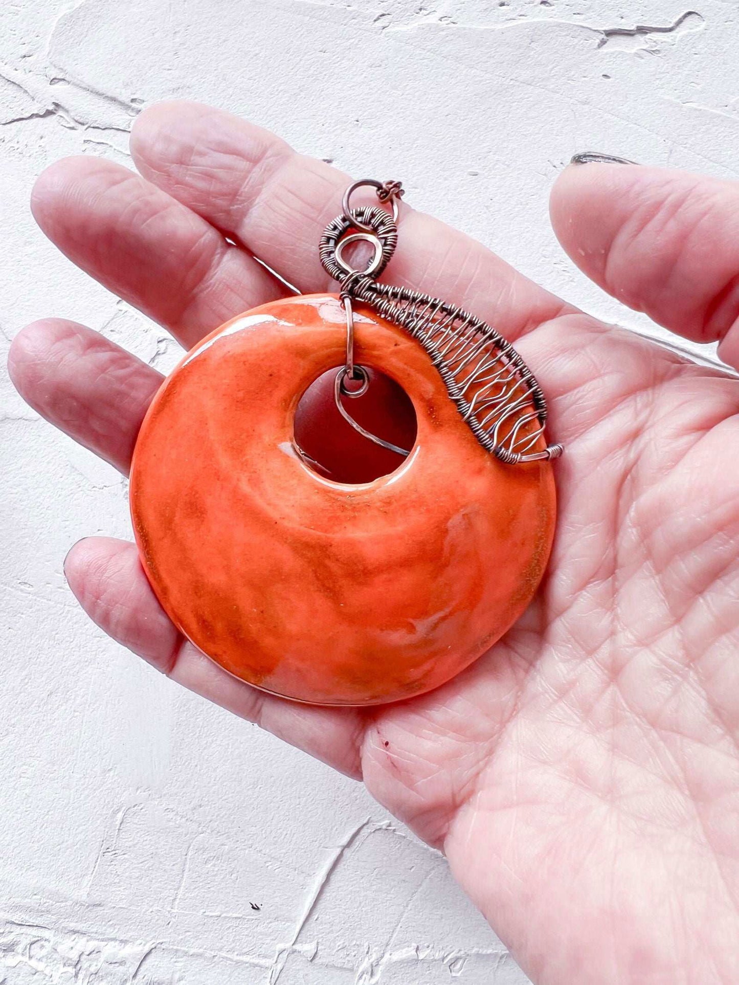 Handmade Orange Glaze Ceramic and Copper Boho Pendant - Copper Jewels