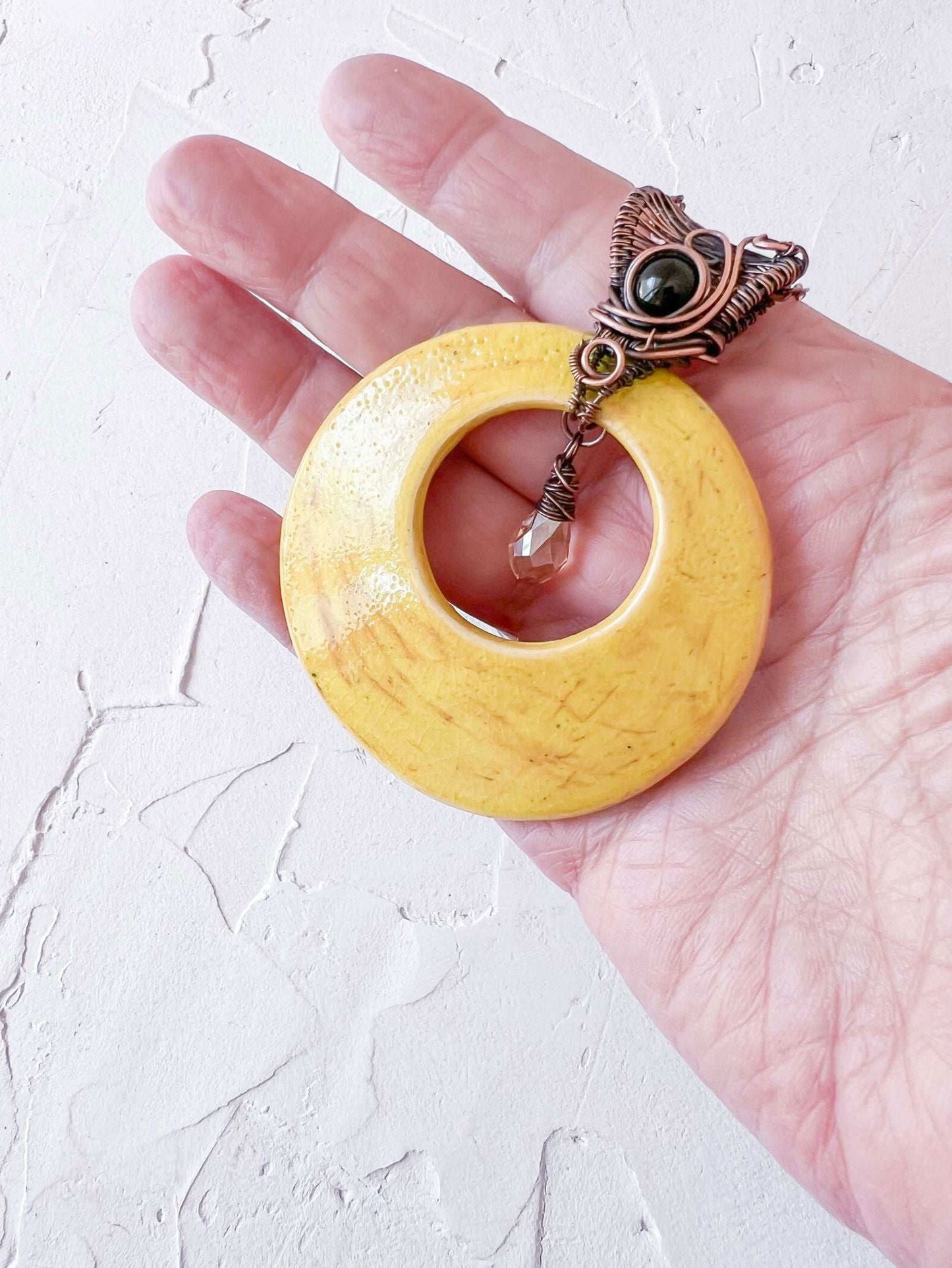 Handmade Yellow Glaze Ceramic and Copper Boho Pendant - Copper Jewels